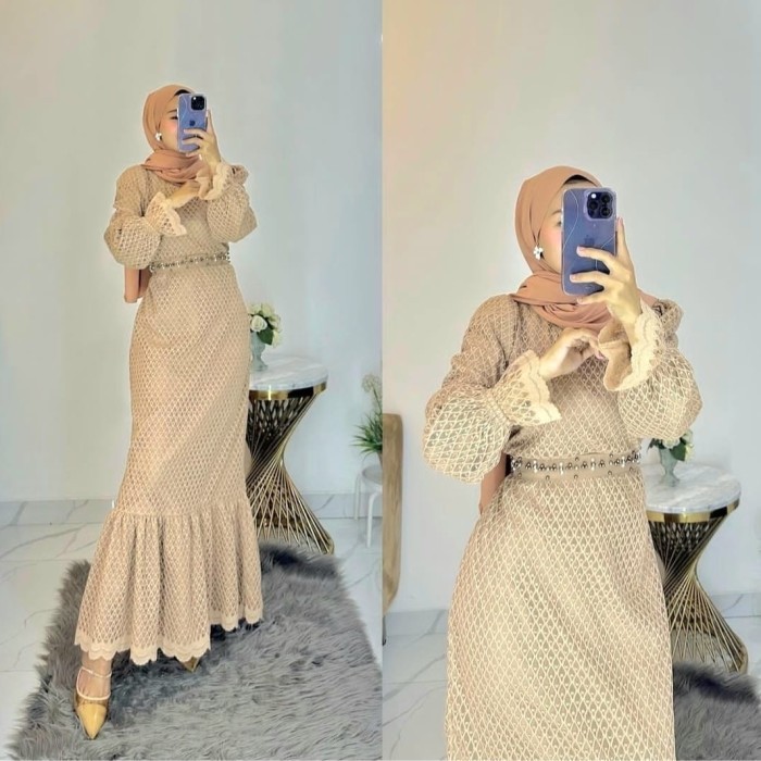 gamis duyung Yuliana mocca baju pesta dres mermaid brukat murah - NM