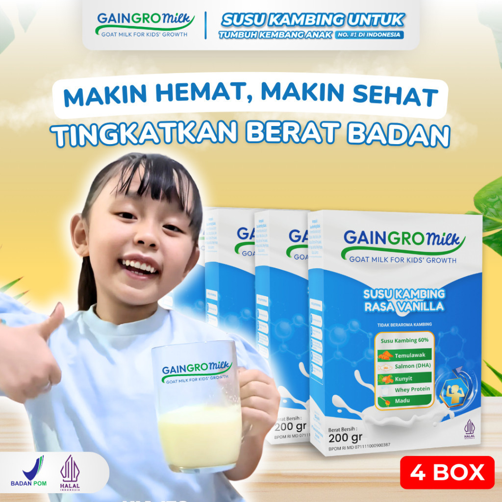 

PAKET 4 BOX GAINGRO MILK VANILLA Susu Kambing Penambah Berat Badan Anak joyskincare.bekasi