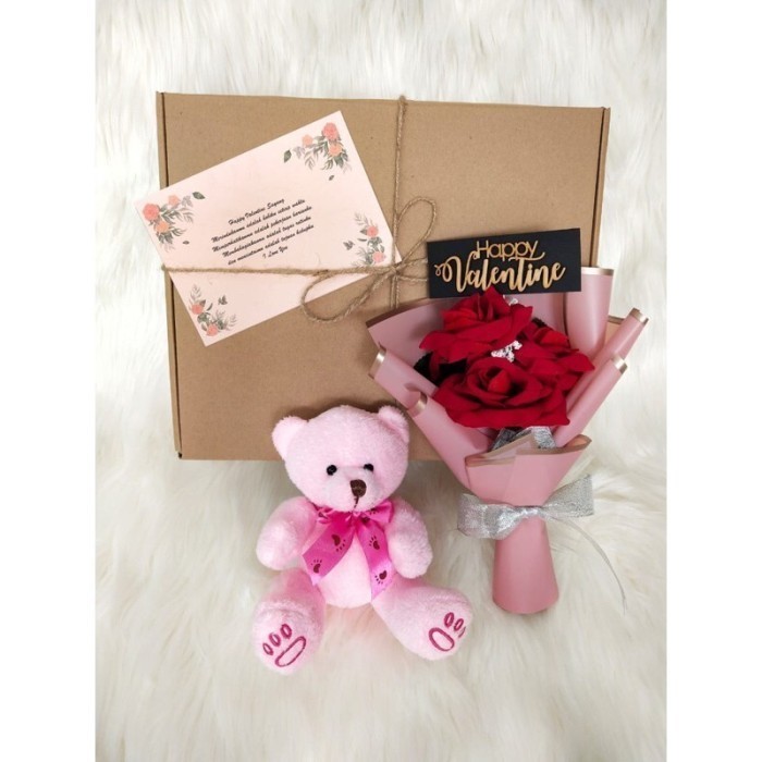 

(NEW) -Buket Bunga Boneka / Hadiah Ultah / Kado Ultah / Kado Anniversarry - Bunga+BnkPita, Pink+HBD