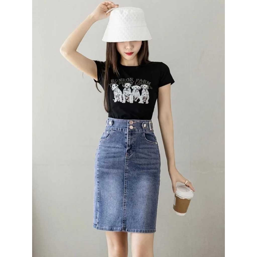 CC - Rok Jeans Span Whisker Emina Skirt Highwaist Korean Style Wanita Remaja Kekinian Casual Outfit 