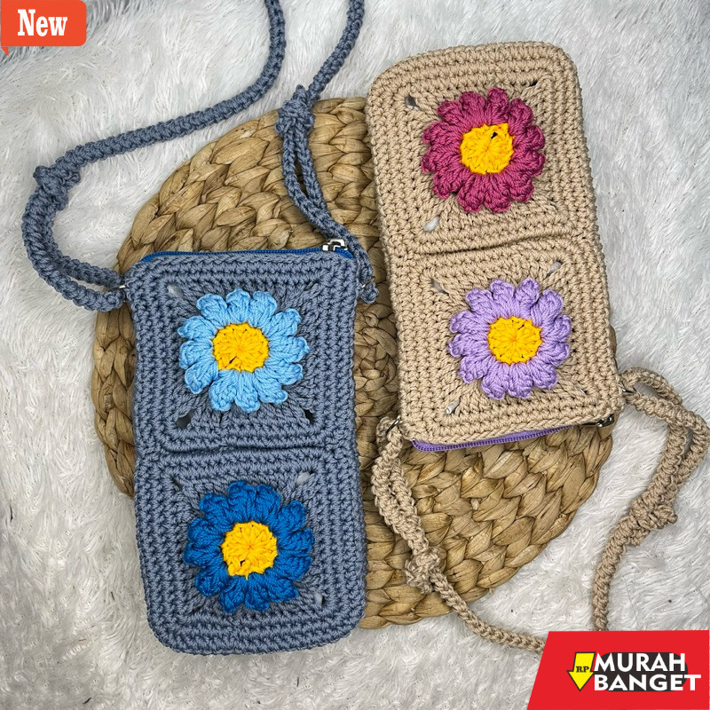 Tas Bulan Sabit Wanita Tas Hp Rajut Bunga Granny Square