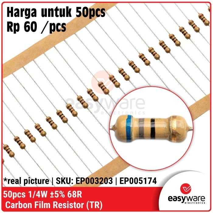 DS99 50pcs Resistor 68 Ohm 1/4W 5% Carbon Resistor 68R 0.25W 0.25 Watt Resistor 5%