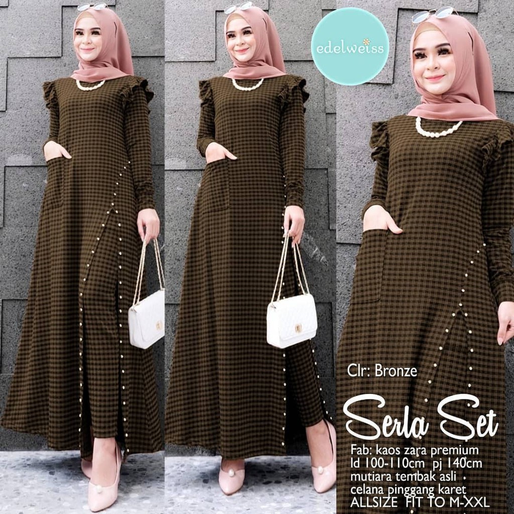 MUFASH - Serla Set by Edelweiss Solo Stelan Gamis Celana Motif Kotak-Kotak Mutiara Tembak