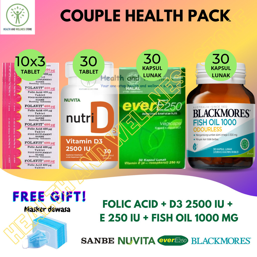 PACK FOLAVIT 400 MCG NUVITA D3 2500 IU TABLET EVER E 250 IU BLACKMORES FISH OIL 1000 30 KAPSUL LUNAK