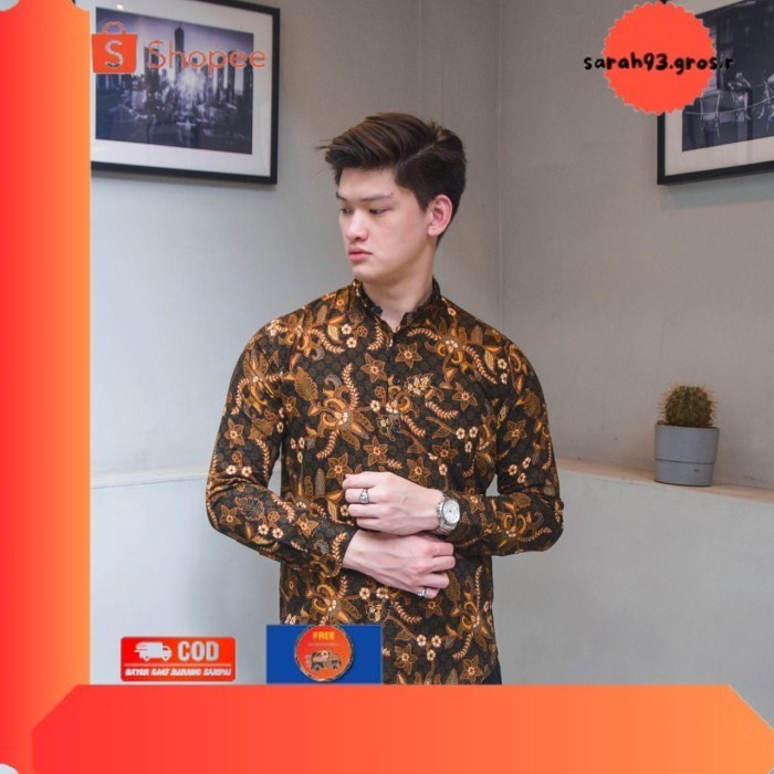 ✨BESTSELLER✨ -Kemeja Pria Lengan Panjang Navy Motif Floral Abu / Baju Batik