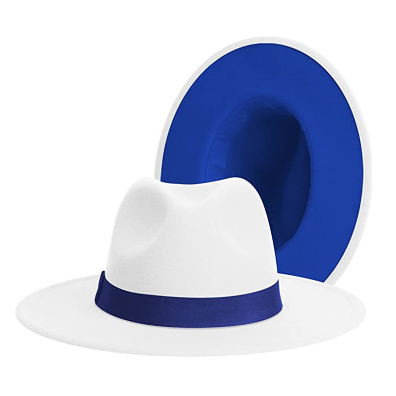 Classic Outside white inside blue Patchwork Wide Brim Fedora Hat Men Women Two Tone Felt Fedora Hats