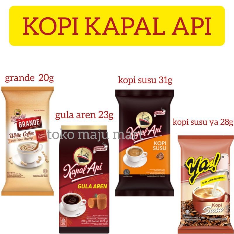 

Kopi Kapal Api Grande, Gula Aren, Kopi Susu, Kopi YA! Kopi Bubuk Instan Dari Biji Kopi Pilihan Dan Diolah Dengan Teknologi Modern