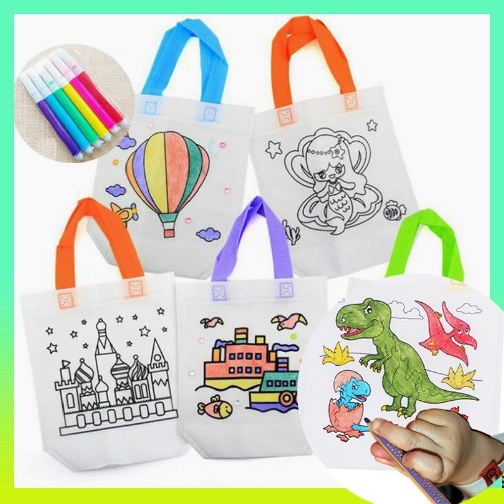 

Double-Sided Non-woven Graffiti Bag Handmade Six-color Washable Watercolor Pen Hand-painted Coloring Bag DIY Graffiti Pack