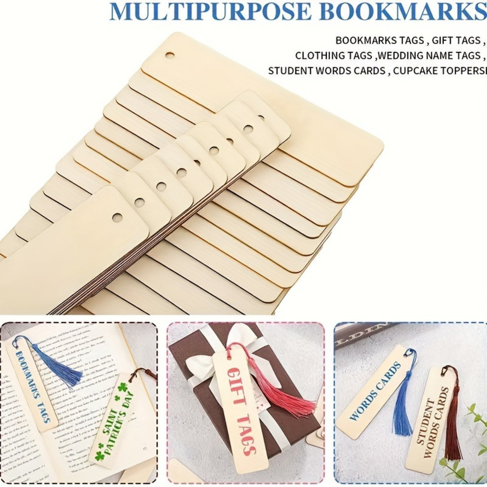 

50pcs Wooden Blank Bookmark DIY Wooden Craft Bookmark Wooden Laser Cut Wooden Pendant Wooden Square Tag