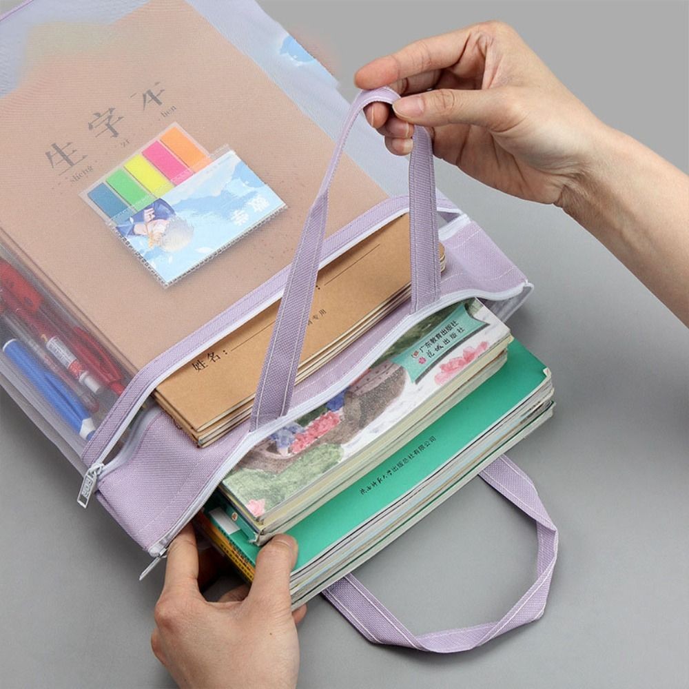 

Transparent Mesh File Bag Document Organizer Stationery Holder Bag with Handle Double Zipper Pencil Pouch School Supplis