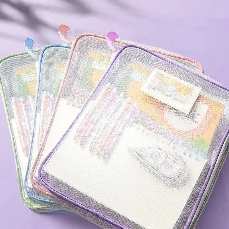 

Student Handheld Transparent Nylon Mesh Folders Zipper Style Large Open Pocket L-shaped Subject Classification Book Bag