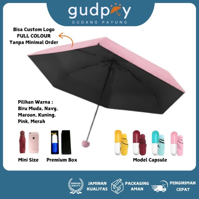 Payung Lipat Kapsul Dengan Box Anti UV Bisa Custom Logo Sablon Lapis Hitam
