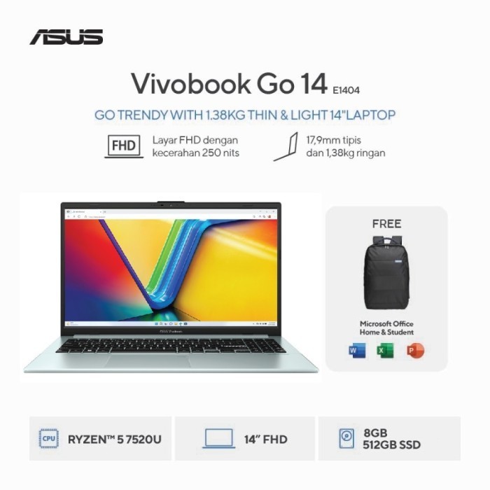 [FREE MOUSE] ASUS Vivobook Go 14 E1404FA-VIPS5852M - Green Grey [AMD Ryzen 5 7520U / AMD Radeon Grap