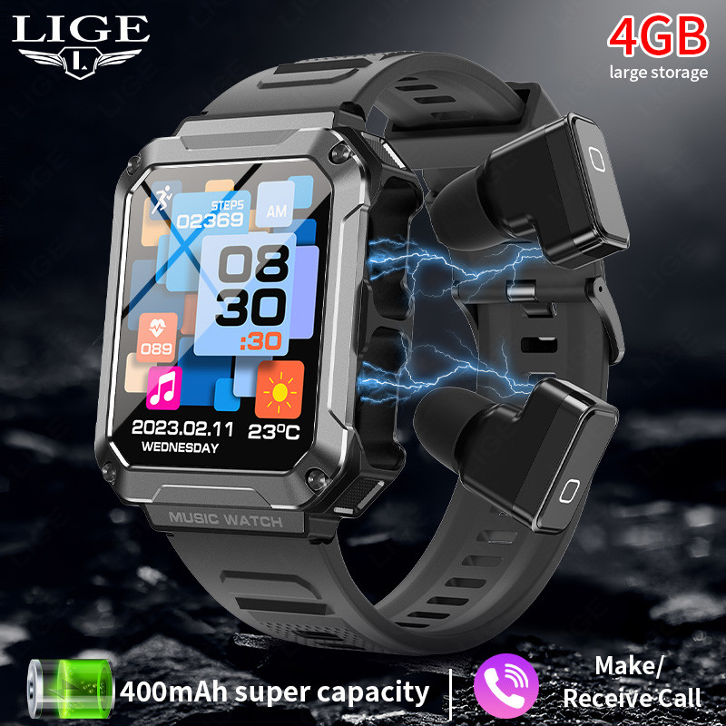 LIGE 4GB Memory Smart Watch Headset TWS  Wireless  Bluetooth Call Sport Music Earphone Smartwatch Wa