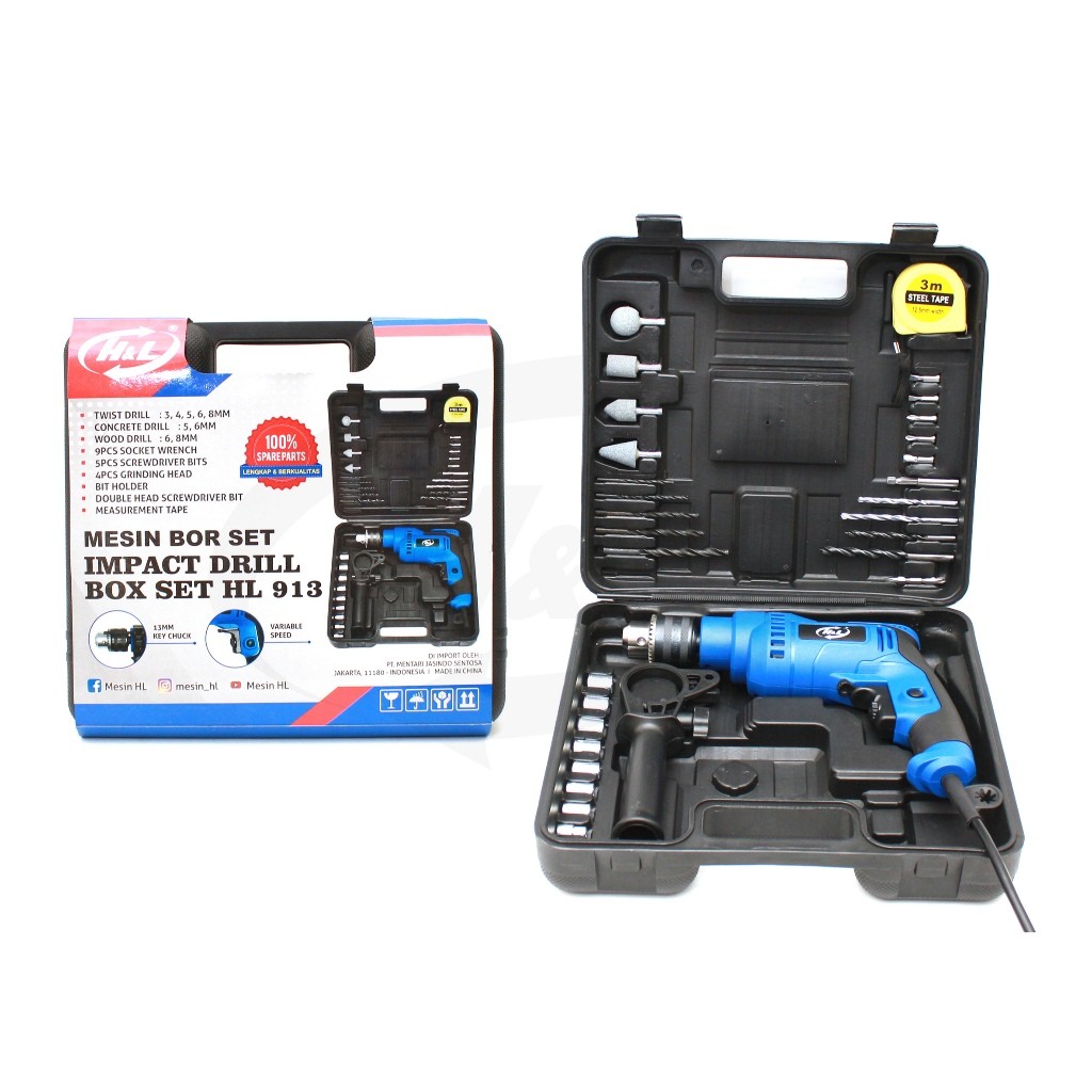 Mesin Bor Beton Set 13mm HL913 H&L / Impact Drill BOX SET HL 913