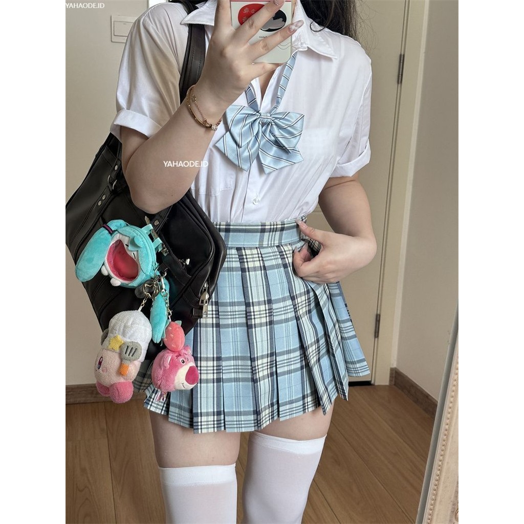 YAHAO- Rok Seragam JK [Lingquan] Perlengkapan Sekolah Biru Muda Rok Lipit Setengah Panjang Gaya Jepa