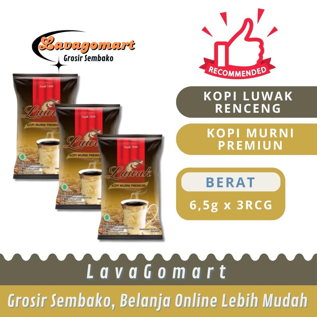 

KOPI LUWAK MURNI PREMIUM 6,5g - 3 RENCENG - LAVAGOMART - BANDUNG