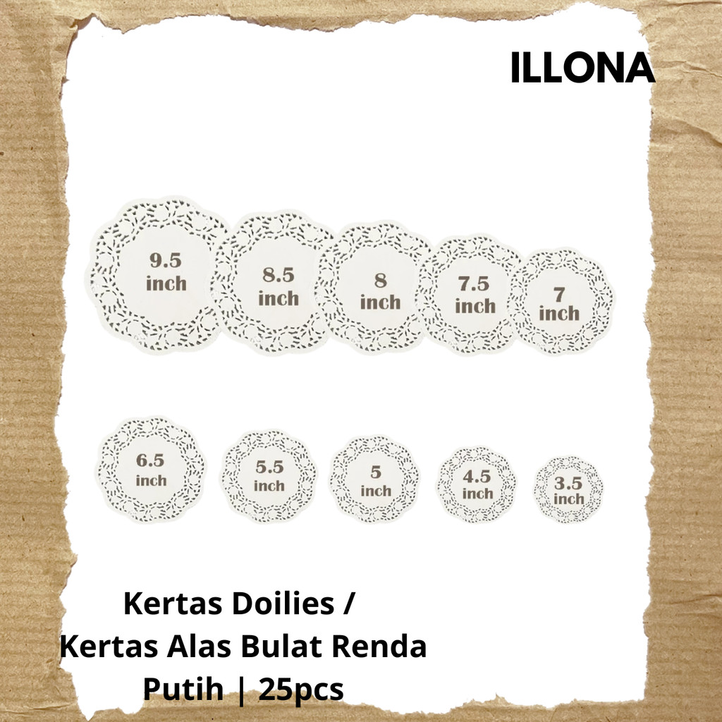 

Kertas Alas / Kertas Doilies ILLONA Bulat Renda Putih isi 25pcs