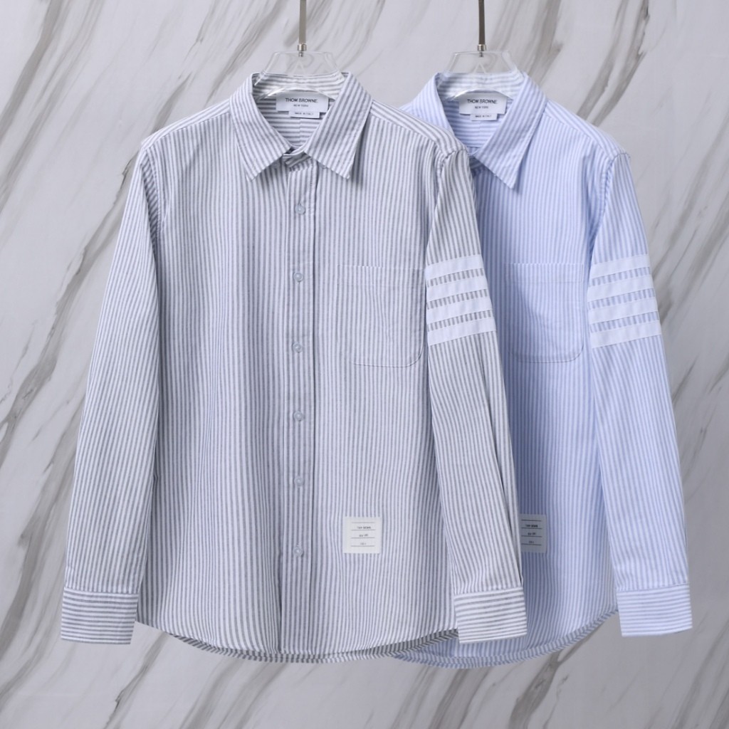 THOM /TB atasan kemeja empat garis putih bergaris Oxford baru