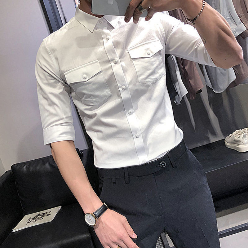 Kemeja Saku Pria Atasan Tren Korea Putih