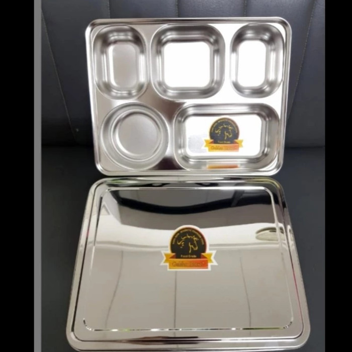Plato / Food Tray / Piring / Tempat Makan Sekat 5 + Tutup Stainless