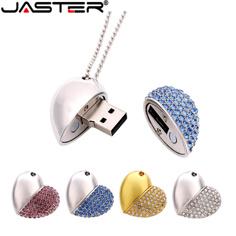 JASTER metal diamond love heart shape USB Flash Drives hearts with chain pendrive 4GB 8GB 16GB 32GB 