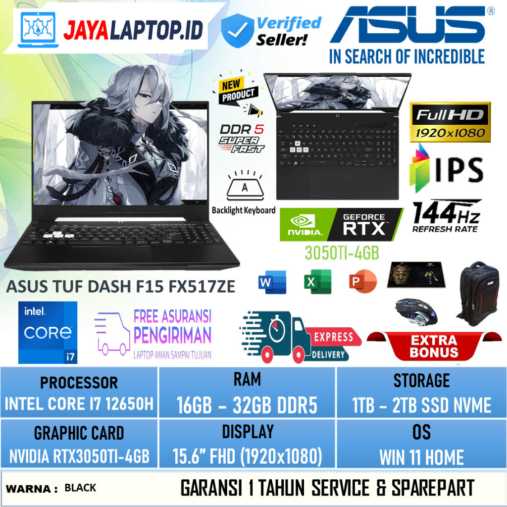 Laptop Gaming Baru Asus TUF Dash F15 FX517ZE RTX3050Ti Core I7 12650H Ram 32GB DDR5 2TB Ssd Full HD Black