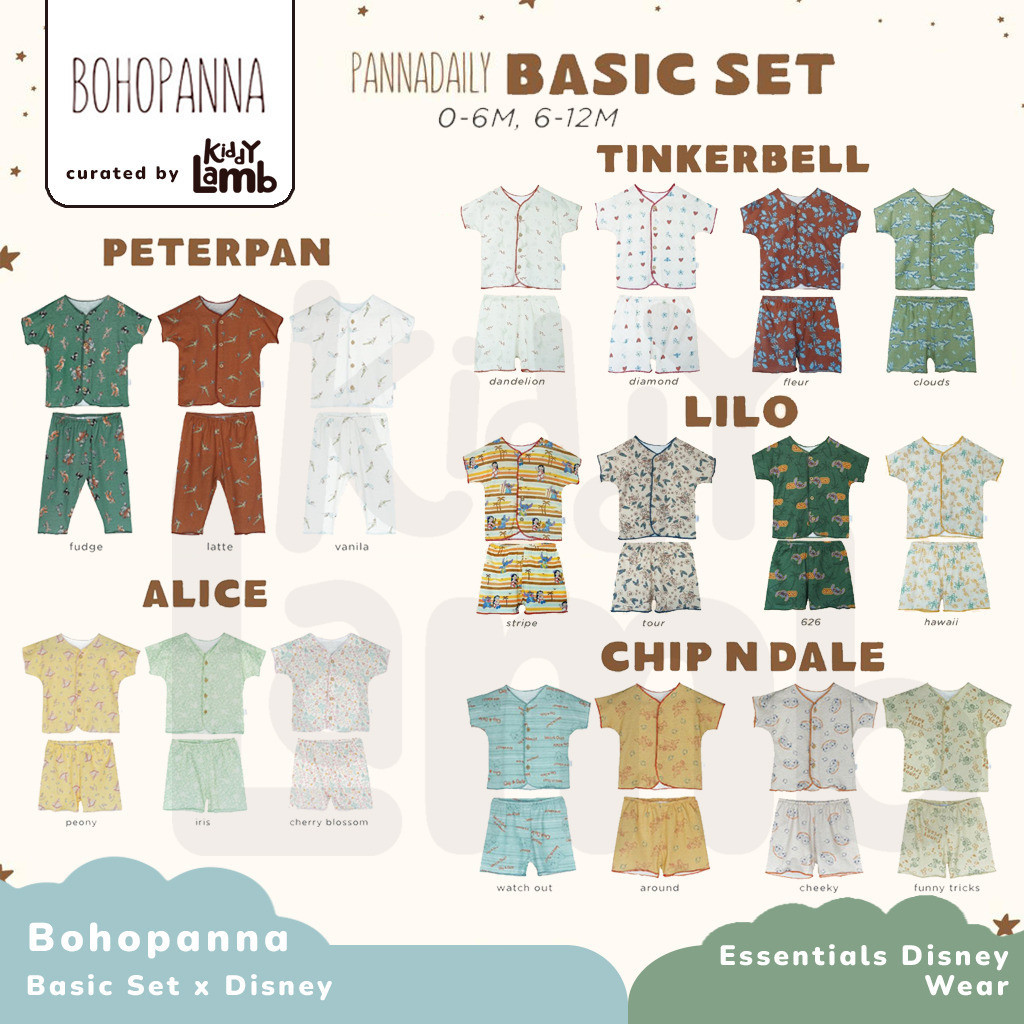 Bohopanna Pannadaily x Disney pajama / Alice Chip N Dale Peterpan Lilo Tinkerbelle / Basic Set Anak 