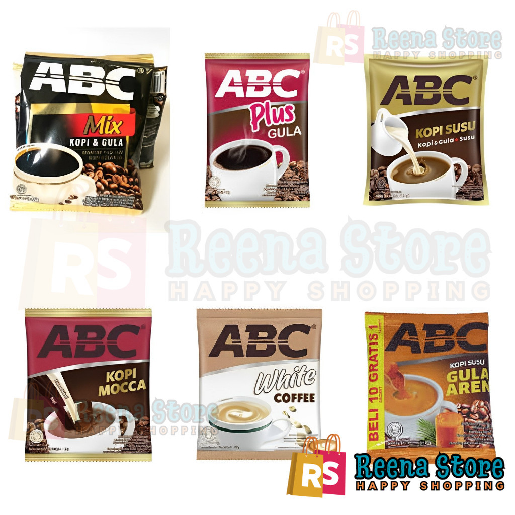 

KOPI ABC (kopi hitam, kopi + gula, kopi susu, kopi moca, gula aren) 1 renceng 10 sachet @ 22 gr - Reena Store