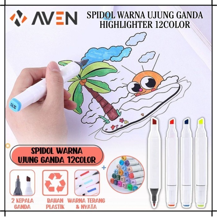 

AVEN Spidol Warna Ujung Ganda Isi 12 Color Highlighter Marker Pen 2IN1