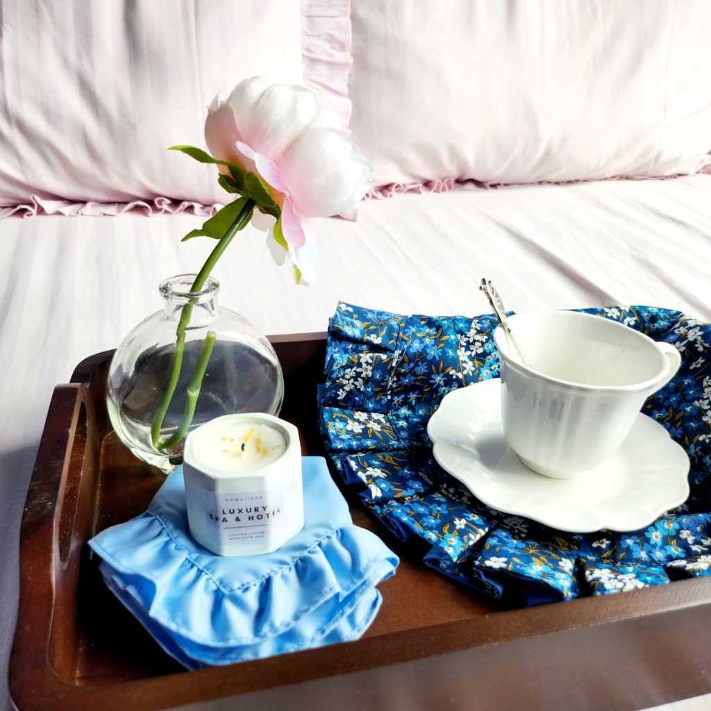 Alas Piring Meja Makan Bahan Katun Jepang Warna Biru Motif Bunga Raunaset