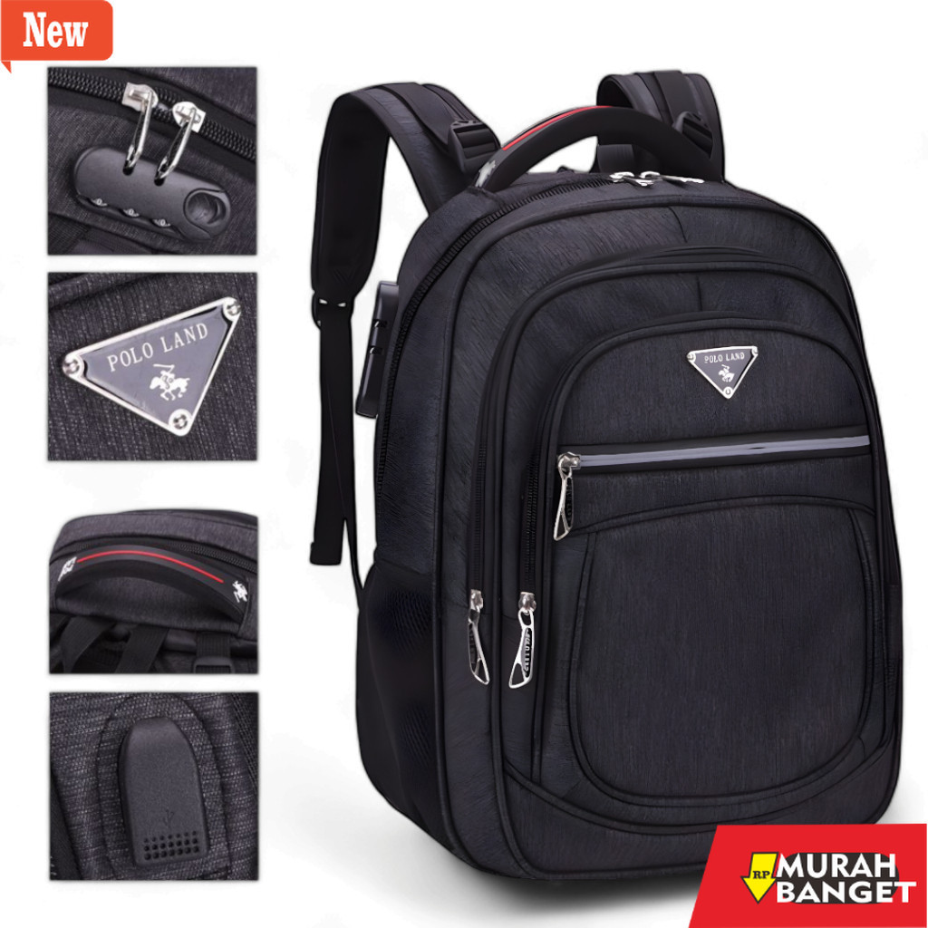 Tas Ransel pria kekinian Polo Land 16 In Kanvas Tas Ransel Kerja Tas sekolah Kunci Usb Port POLO Imp