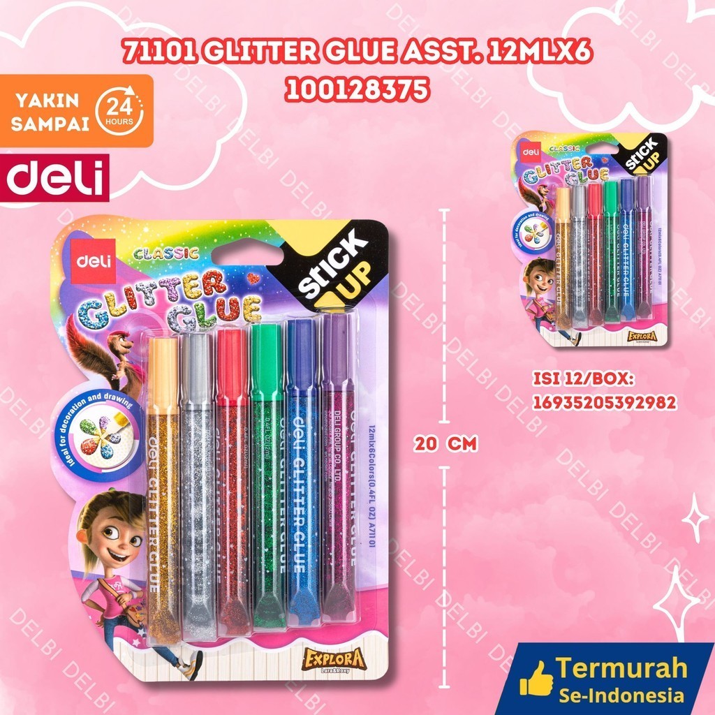 

Deli Lem Glitter Klasik untuk aplikasi pada banyak jenis bahan 71101 GLITTER GLUE ASST.12MLX6