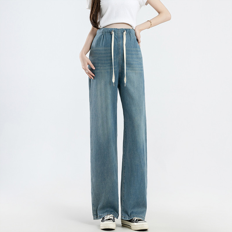 Celana jins sutra wanita hamil, celana panjang Denim kaki lebar biru keren kasual longgar panjang un