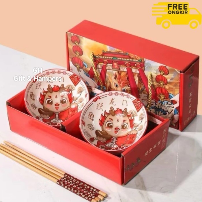

✨LARIS✨ -Hampers Imlek Mangkok Keramik 2pcs +Sumpit 2psg / Parcel Kado set CNY