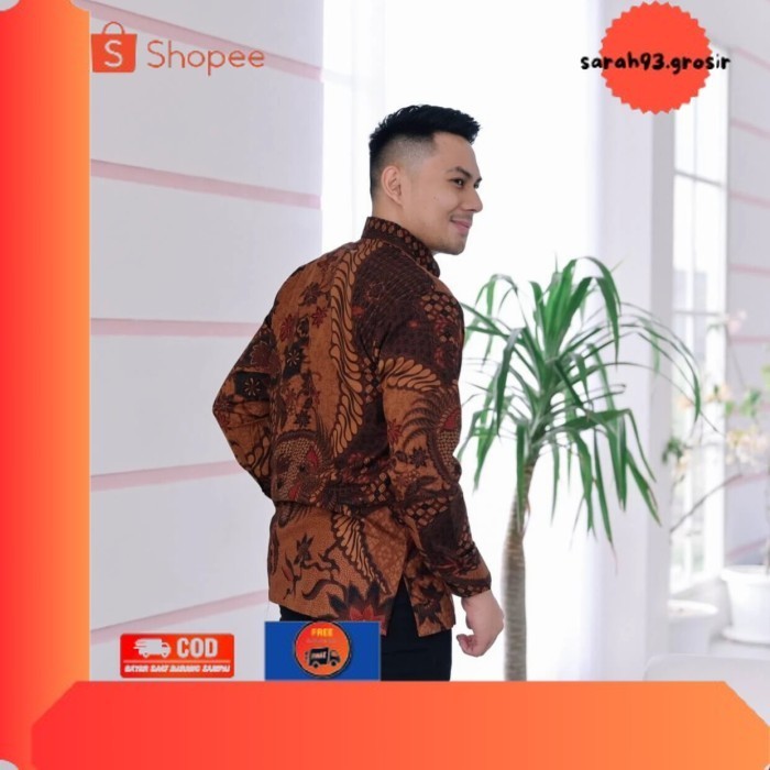 ✨BESTSELLER✨ -Bagus Batik Pria Panjang Furing Katun Baturaden Motif Tulis Merak XXXL - Cokelat, kain