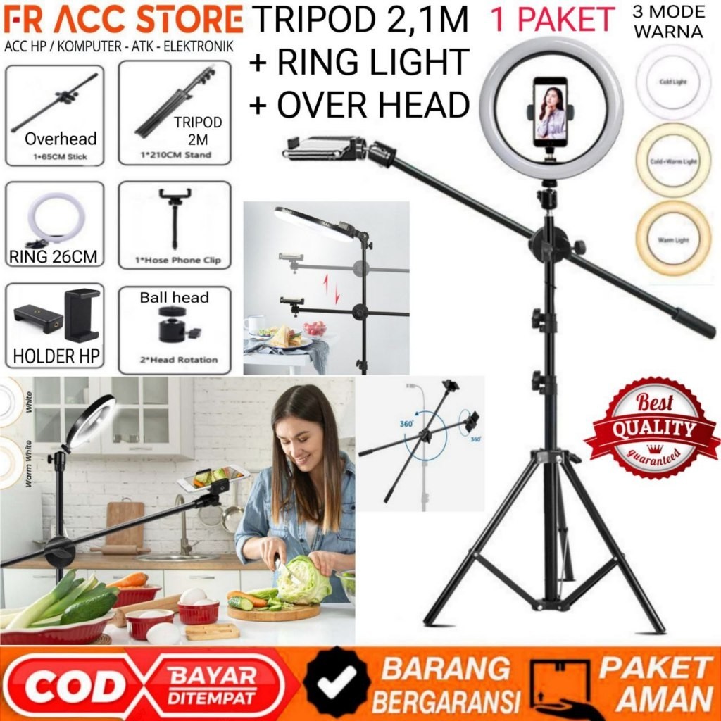 Overhead Stick Tripod HP + Tripod 2.1 Meter lampu Ring Light 1 Paket LENGKAP