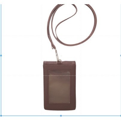 

[KUALITAS TERBAIK] Lanyard ID Card Holder Name Tag Kulit Dua Sisi Bolak Balik Mika Kancin - Coklat Tua
