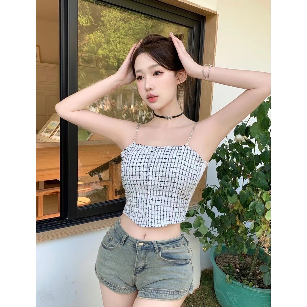 Tanktop Crop Top Garis Kotak Kotak Tengtop Wanita Rantai Chic Style Tenktop Imut Lucu