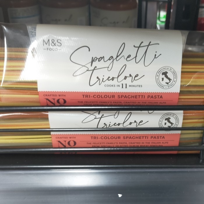 

Ms spaghetti spaghetty tri color pasta (tomat bayam gandum)500gr