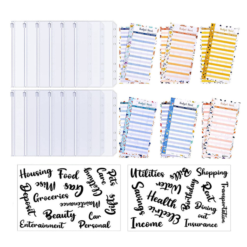 

A6 Size 6 Holes 12 Pcs Binder Pockets 12 Budget Expense Tracker Sheets and 2 Sheets Cash Envelope Sticker for Budget Planners