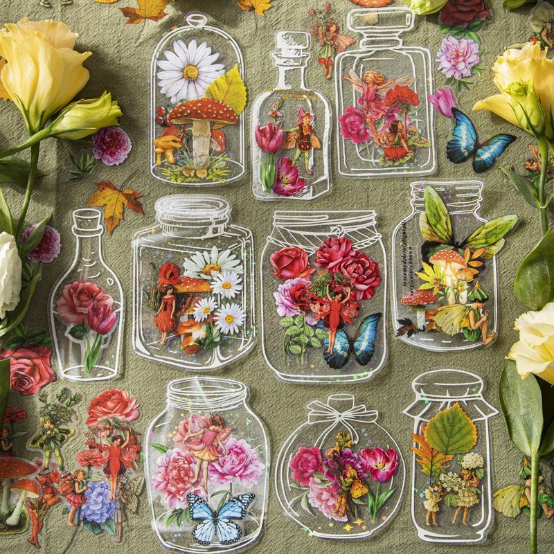 

40 Pcs Transparent Glassware Bottle Shape Stickers Sticker Pack Natural Flower Decorative Stickers For Scrapbook Planner Album
