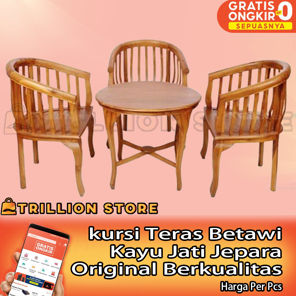 [Instant] Kursi 1 Set Teras Betawi + Meja Bundar Bulat Jati Asli Jepara Lingkaran Bangku Tamu Mangko