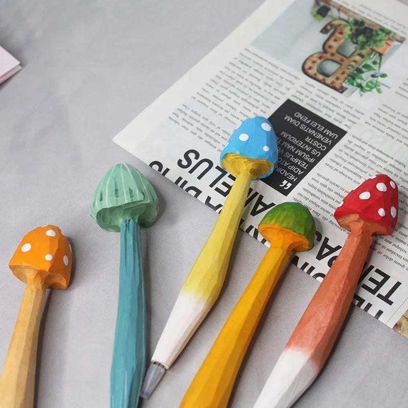 

Mushroom Series Wooden Carving Pen Wooden Pen Set Small Fresh Stationery Creative Cultural and Creative Gifts Cute Art Supplies