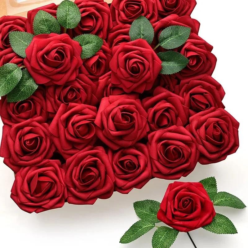 

25/10PCS Artificial Flowers Red Rose Real Looking Fake Roses W/Stem for DIY Wedding Bouquets Party Christmas Home Decorations