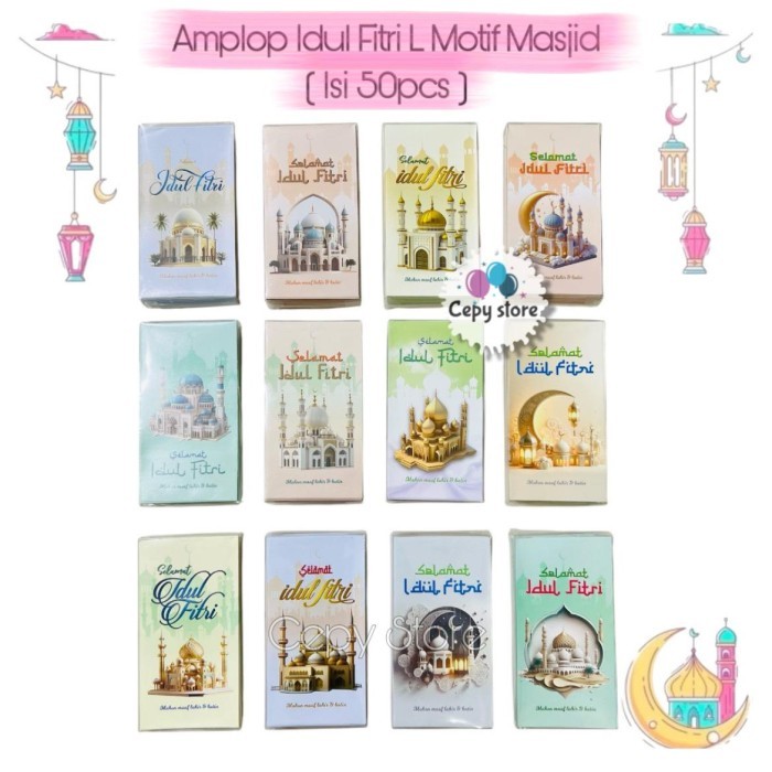 

[50Lembar] Amplop Lebaran Idul Fitri / Angpao Lebaran Box Mika Size L Motif Masjid