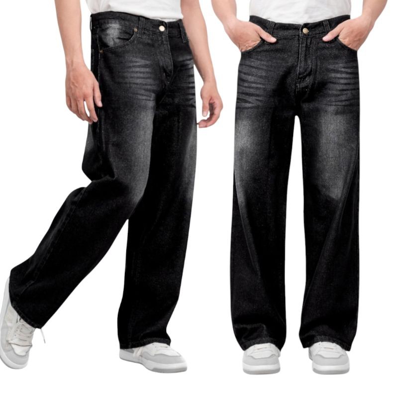 Celana Gombrong Pria Skena Jeans Cowok Panjang Wide Leg Wisker Gombrang Loose Pants Black Denim