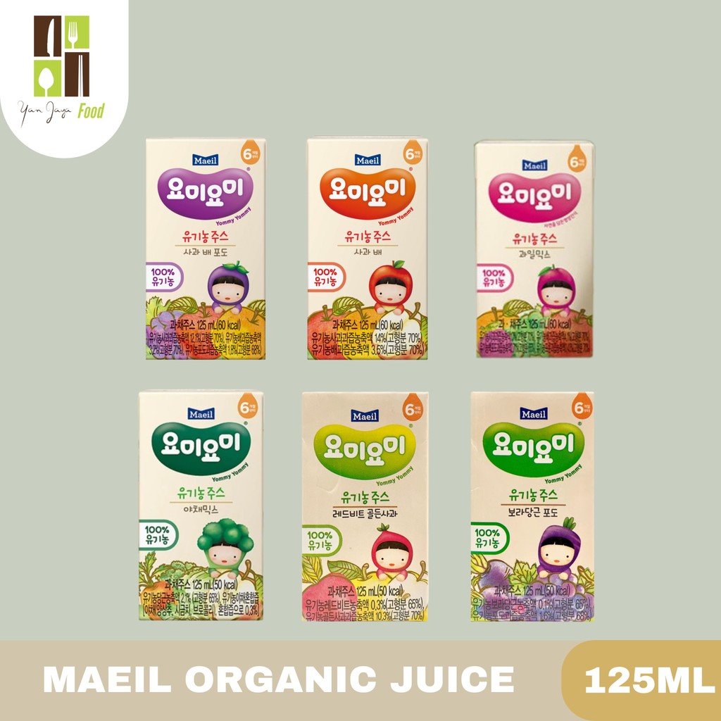 

Maeil Yummy Yummy Organic Juice / Jus Organic Rasa Apple Pear & Grape / Apple & Pear / Mixed Fruit / Mixed vegetable / Red Beet & Golden apple / Purple Carrot & Grape 125ml
