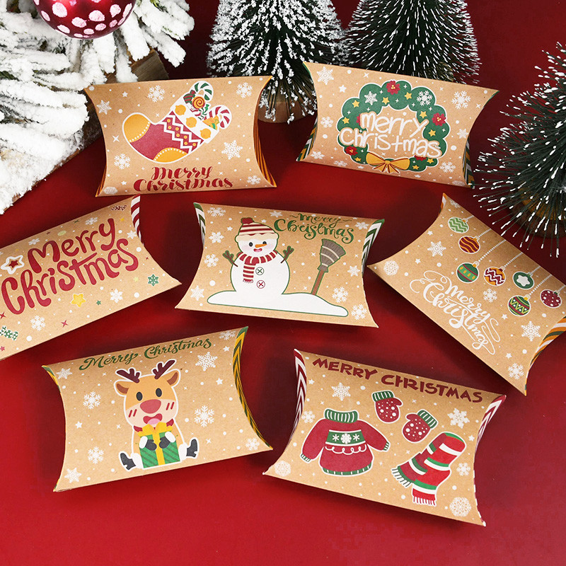 

10pcs Christmas Pillow Shape Candy Box Kraft Paper Xmas Cookie Gifts Packaging Boxes 2024 Merry Christmas Party New Year Decor