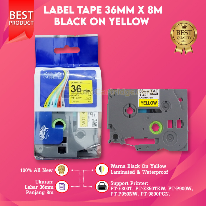 

Compatible Label Tape Laminated TZE-661 36mm X 8m Black On Yellow Cassette Printer Bro PT-E800T PT-E850TKW PT-P900W PT-P950NW PT-9800PCN